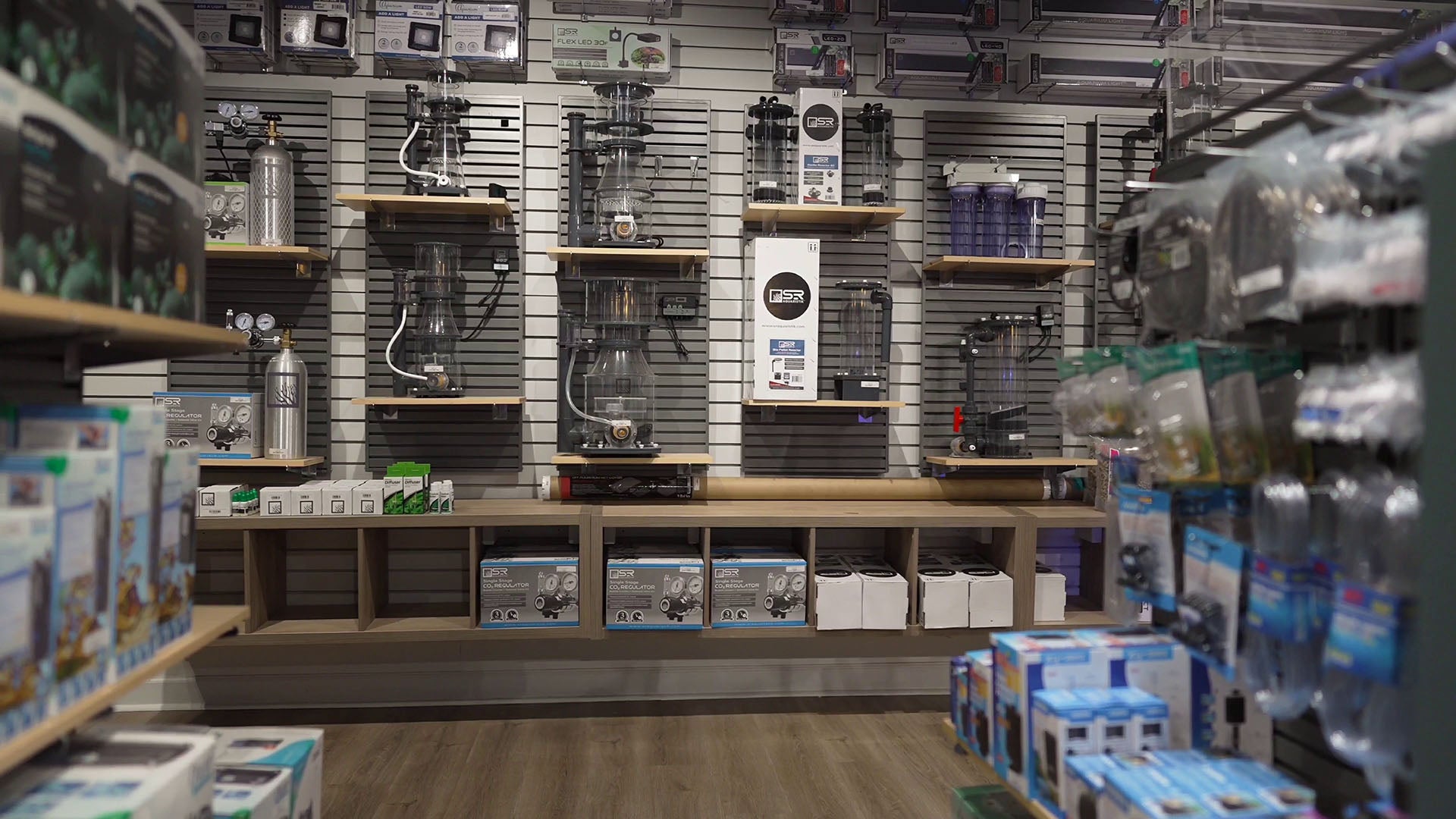 Aquarium equipment setup in a store